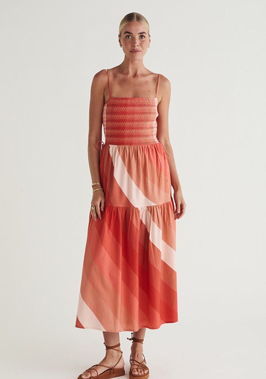 Dresses MOS The Label | Circe Shirred Midi Dress Coral Stripe