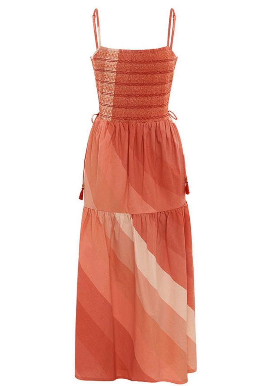 Dresses MOS The Label | Circe Shirred Midi Dress Coral Stripe